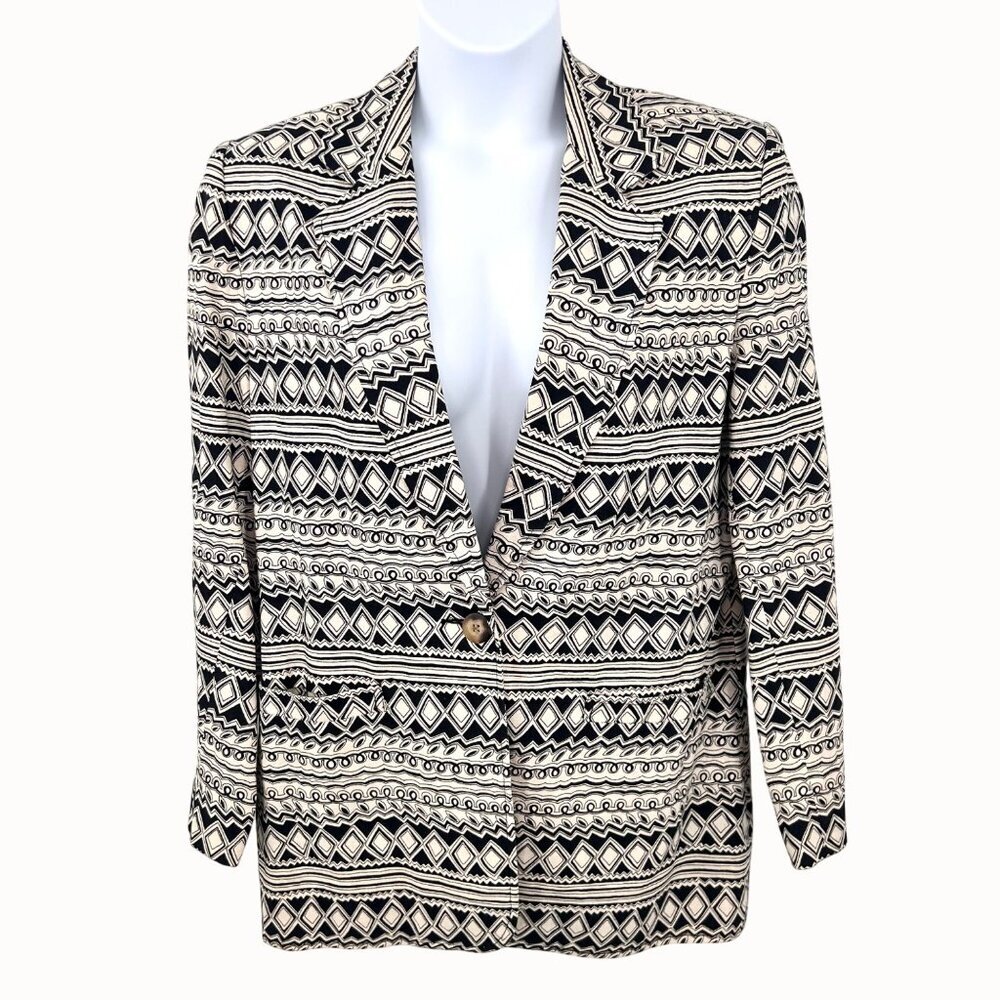 VINTAGE RAFAELLA BLACK & BEIGE GEOMETRIC PRINT LINEN COTTON BLAZER JACKET - 12